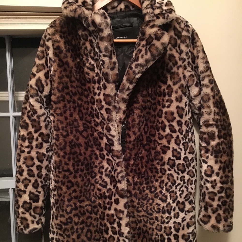 Vero Moda Leopard Faux Fur Teddy Coat - Brown Black Tan